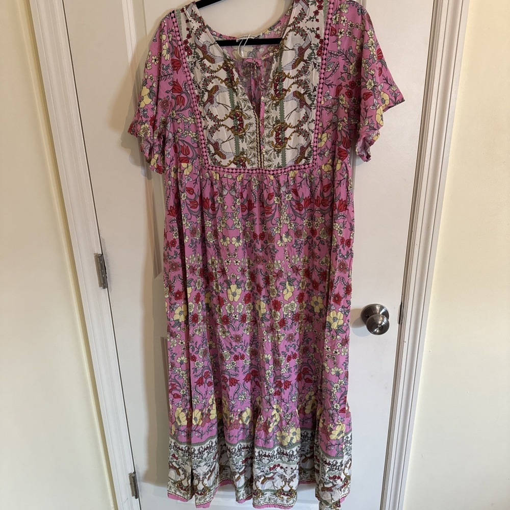 Chic Bohemian Pink and White Midi Dress